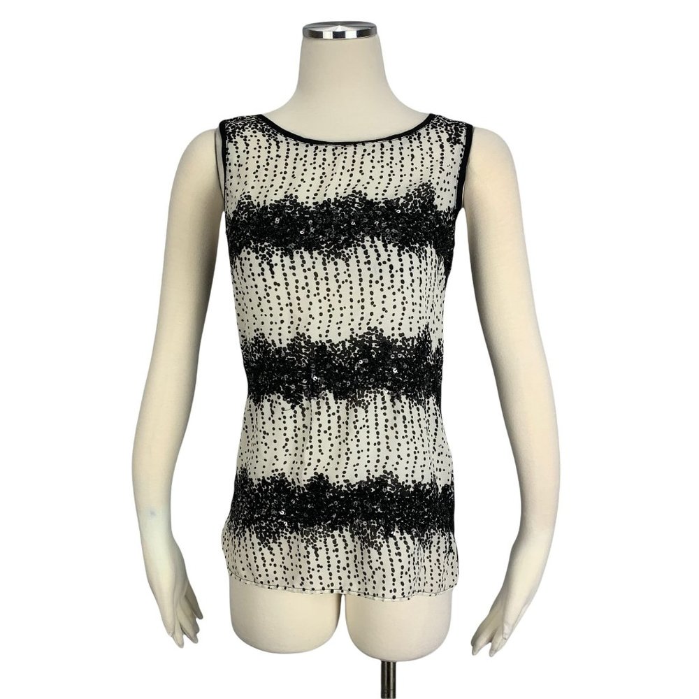 LOFT Small Tank Top Black White Beaded Party Sleeveless Ann Taylor 2 4 6